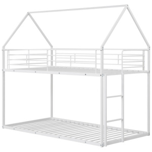 Twin Over Twin Metal Bunk Bed with Roof and Ladder-White