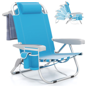 1 Piece Foldable Backpack Beach Chair with Cup Holder and Storage Pockets for Outdoor-Blue