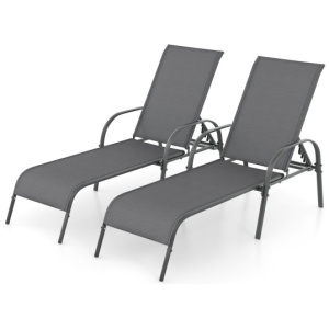 2 Pieces Outdoor Patio Lounge Chair Chaise Fabric with Adjustable Reclining Armrest-Dark Gray