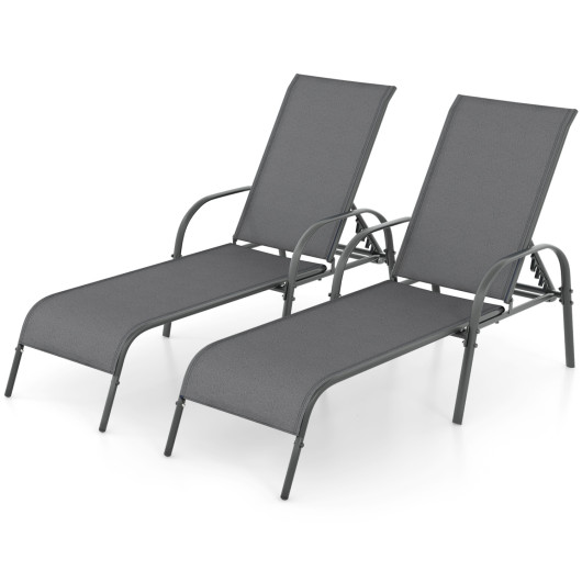 2 Pieces Outdoor Patio Lounge Chair Chaise Fabric with Adjustable Reclining Armrest-Dark Gray