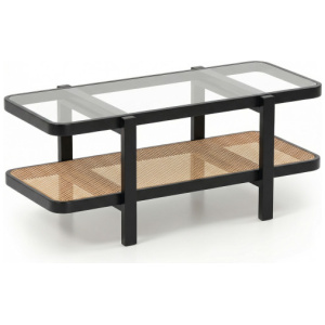 2-Tier Coffee Table with Storage and Tempered Glass Tabletop-Black