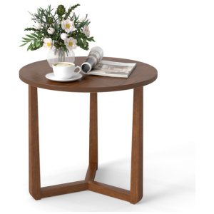 22.5 inch Round Side Table Farmhouse End Table with Sturdy Rubber Wood Legs and Triangular Structure-Walnut