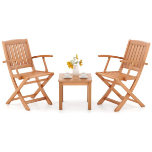 3 PCS Eucalyptus Wood Patio Bistro Set with 2 Folding Arm Chairs