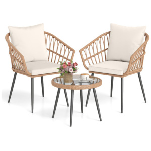 3 Piece Patio Bistro Set with PE Rattan Wicker Chairs and Tempered Glass Coffee Table-Natural