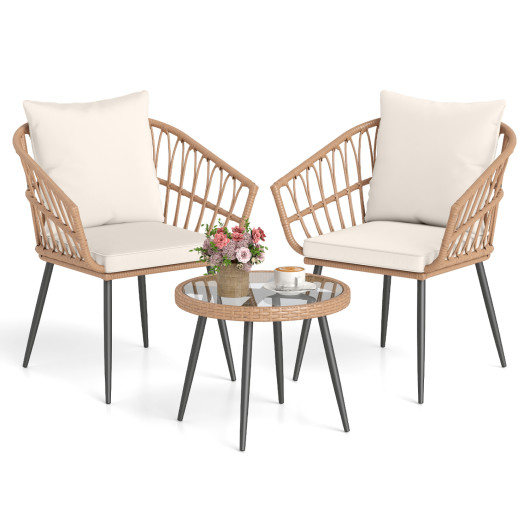 3 Piece Patio Bistro Set with PE Rattan Wicker Chairs and Tempered Glass Coffee Table-Natural