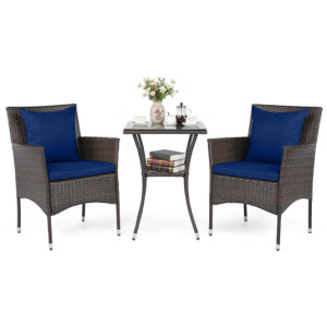 3-Piece Patio Furniture Set Rattan Bistro Chairs with 2-Tier Tempered Glass Side Table-Navy