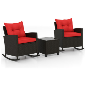 3-Piece Patio Rattan Roker Chairs with Tempered Glass Table and Soft Cushions-Red
