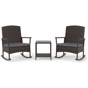 3 Piece Patio Rocking Set Wicker Rocking Chairs with 2-Tier Coffee Table-Gray
