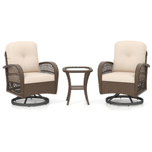 3 Piece Patio Swivel Rocker Set with Tempered Glass Side Table and Thick Cushions-Brown