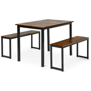 3 Pieces Kitchen Dining Table Set with 2 Benches for Limited Space -Coffee