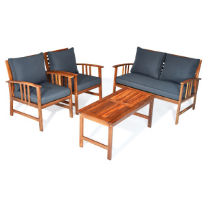 4 Pcs Wooden Patio Furniture Set Table Sofa Chair Cushioned Garden