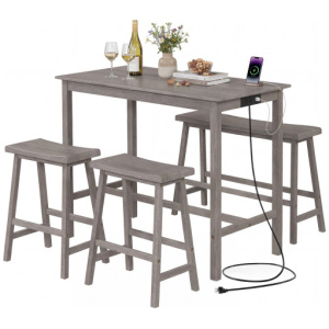 4-Piece Counter Height Dining Table Set with Power Outlet Solid Rubber Wood Kitchen Table-Gray