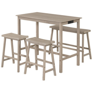 4-Piece Counter Height Dining Table Set with Power Outlet Solid Rubber Wood Kitchen Table-Light Gray