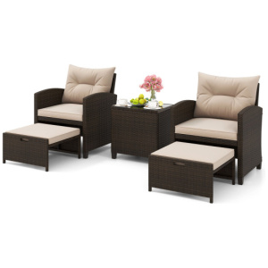 5PCS Outdoor Rattan Conversation Set Wicker Lounge Chairs with 2 Ottoman Stools and Glass Top Side Table-Beige