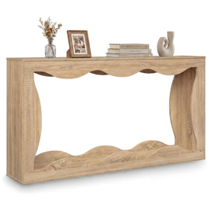 63 Inch Console Table 2-Tier Narrow Entryway Table with Wavy Edge Storage Shelf-Natural