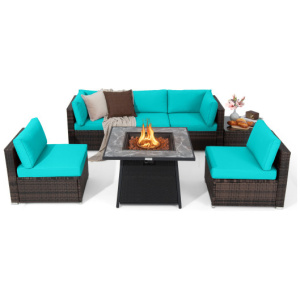 7 Pieces Patio Furniture Set with 35 Inches 50000 BTU Propane Gas Fire Pit Table and Waterproof Cover for Firpit-Turquoise
