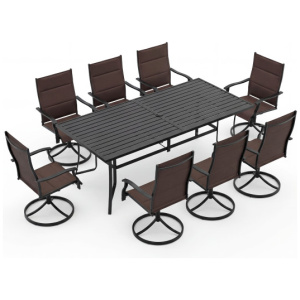 9-Piece Outdoor Dining Set for 8 with Umbrella Hole and 8 Chairs-Brown
