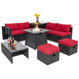9 Piece Weatherproof Rattan Patio Conversation Set with 30 Inches Propane Fire Pit Table and Dust Covers-Red