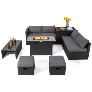 9 Pieces Outdoor PE Rattan Wicker Sectional Sofa with 42 Inch 60, 000 BTU Gas Fire Pit Table-Gray