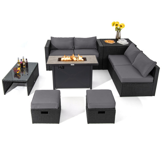 9 Pieces Outdoor PE Rattan Wicker Sectional Sofa with 42 Inch 60, 000 BTU Gas Fire Pit Table-Gray