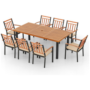 9 Pieces Patio Dining Set 39.5 Inch Acacia Wood Table with Umbrella Hole and 24-Inch Wide Chairs