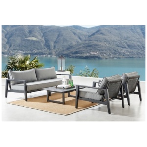 Armen Living Cayman Outdoor Sofa and 2 Chairs with Coffee Table, Dark Gray