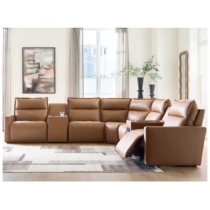 Arrington 7-Piece Dual Power Leather Reclining Modular Sectional with Console and Audio Console, Butternut