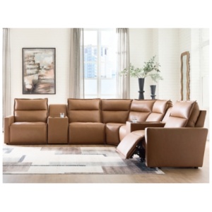 Arrington 7-Piece Dual Power Leather Reclining Modular Sectional with Consoles, Butternut