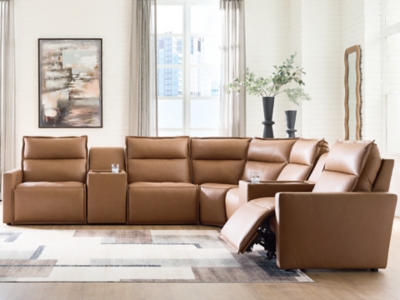 Arrington 7-Piece Dual Power Leather Reclining Modular Sectional with Consoles, Butternut