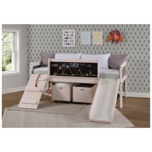 Art & Play Twin Low Loft Bed with Slide and Toy Boxes, White Wash/Dark Gray