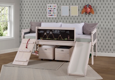 Art & Play Twin Low Loft Bed with Slide and Toy Boxes, White Wash/Dark Gray