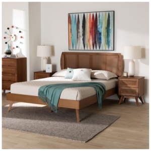 Baxton Studio Asami King Panel Bed with 2 Nightstands, Walnut Brown