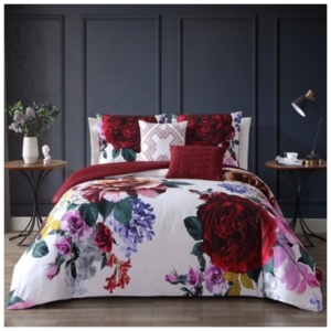 Bebejan Sangria Blooms 100% Cotton 5 Piece King Size Reversible Comforter Set, Red