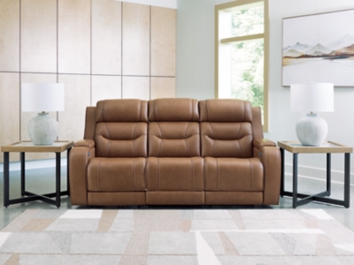 Dreamer Dual Power Leather Reclining Sofa with Audio Seating Leather, Caramel
