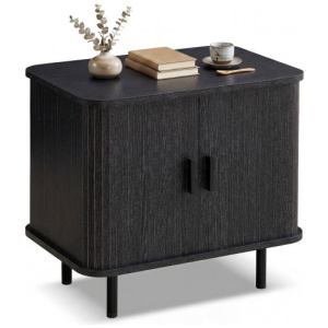 End Table Modern Mid Century Nightstand with Sliding Tambour Doors and Storage Shelf-Black