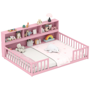 Full Size Montessori Floor Bed with Bookcase-Pink