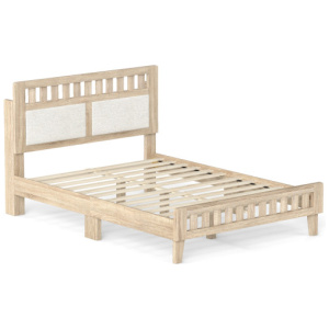 Full Size Wood Bed Frame with Upholstered Headboard Mid Century Style