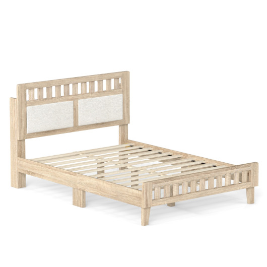 Full Size Wood Bed Frame with Upholstered Headboard Mid Century Style