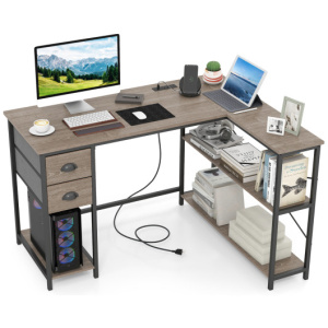 L Shaped Desk with Charging Station Corner Computer Desk with 2 Fabric Drawers-Oak
