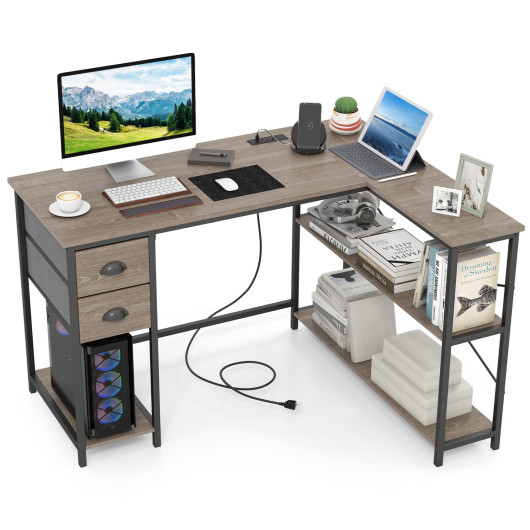 L Shaped Desk with Charging Station Corner Computer Desk with 2 Fabric Drawers-Oak