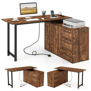 L-Shaped Desk with File Cabinet and Power Outlet Reversible Corner Computer Desk-Rustic Brown