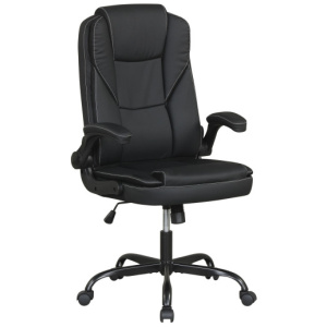 Leather Office Chair Ergonomic Computer Desk Chair with Flip-up Armrests Rocking Function-Black