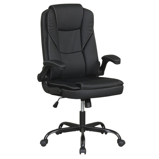 Leather Office Chair Ergonomic Computer Desk Chair with Flip-up Armrests Rocking Function-Black