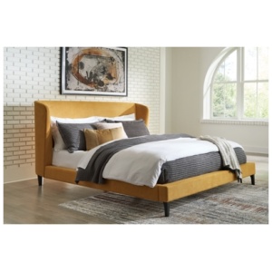 Maloken King Wingback Upholstered Platform Bed, Mustard