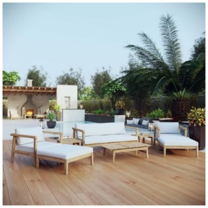 Modway Bayport Outdoor Conversation Set with Side Table, Natural/White