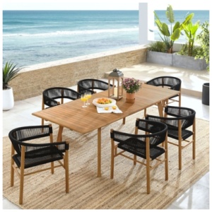 Modway Vienna Outdoor Dining Table and 6 Curved-Back Armchairs, Natural/Black