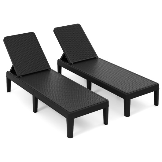 Outdoor Chaise Lounger Chair with Waterproof Rattan Textured PP Surface Set of 2-Black
