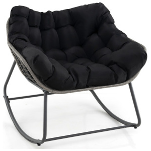 Outdoor Rocking Chair Oversized Patio PE Wicker Egg Chair with Cushion-Black