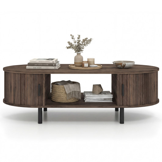 Oval Coffee Table 47.5inch Wooden Center Table with Storage-Walnut