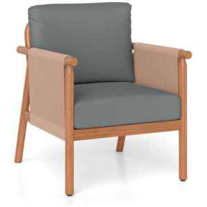 Patio Acacia Wood Chair with Woven Rope Armrests and Seat Back Cushions for Backyard-Gray